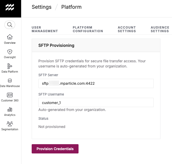 screenshot of the SFTP Provisioning form showing the displayed username, hostname:port, and Provision Credentials button