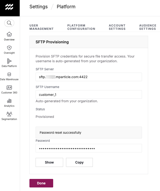 screenshot of the result screen showing the customer_OrgID username and reset password