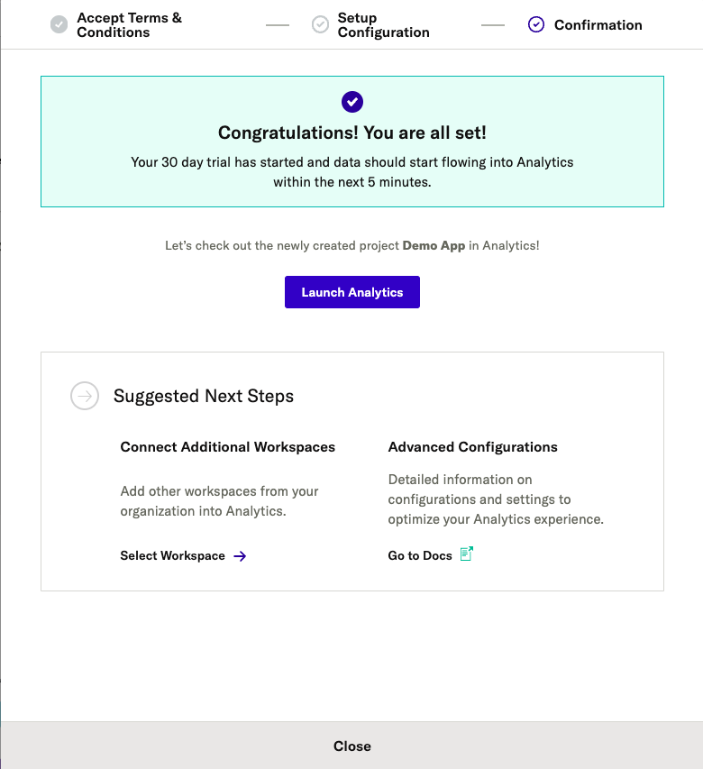 Analytics free trial success page