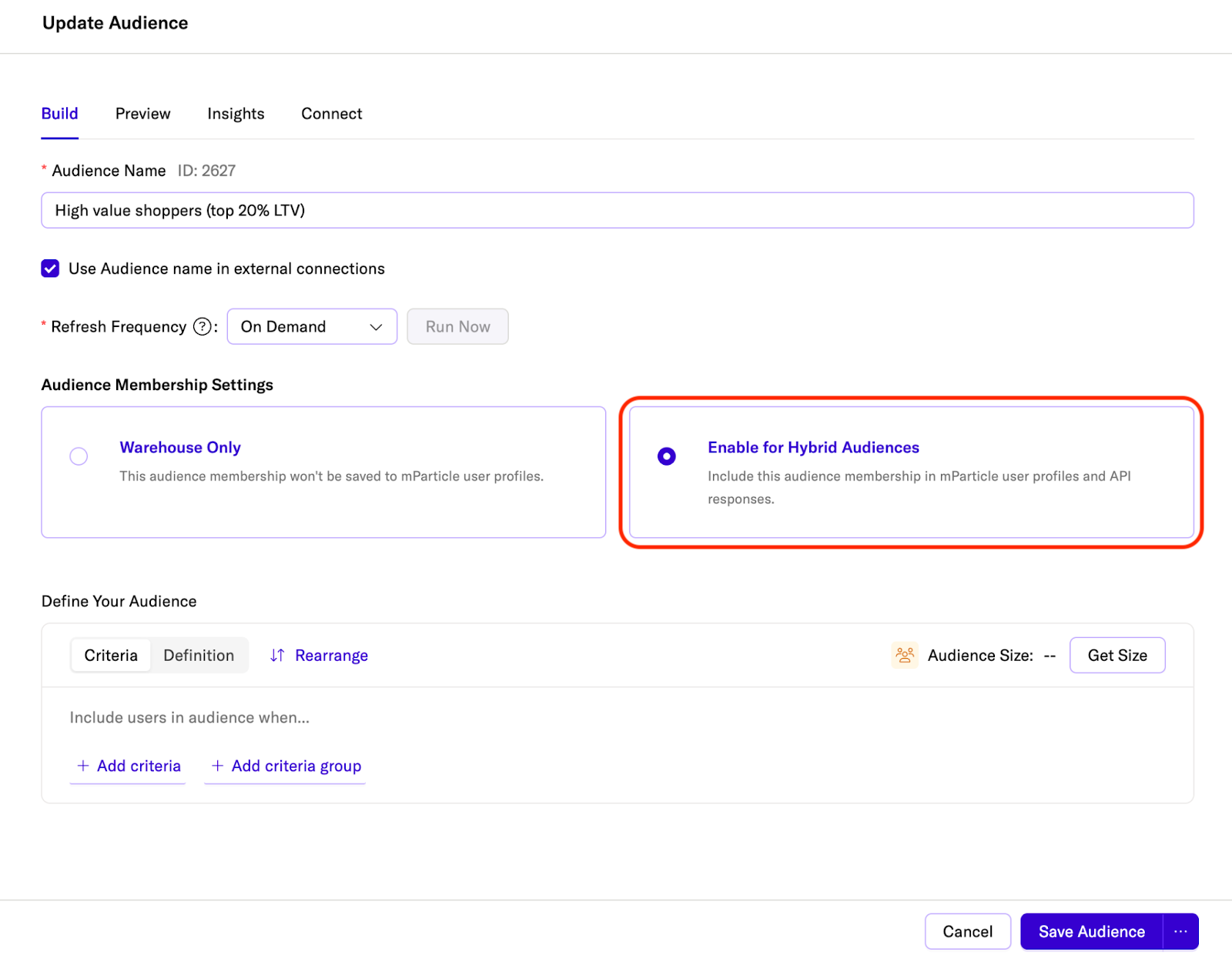 screenshot showing the enable for hybrid audiences setting