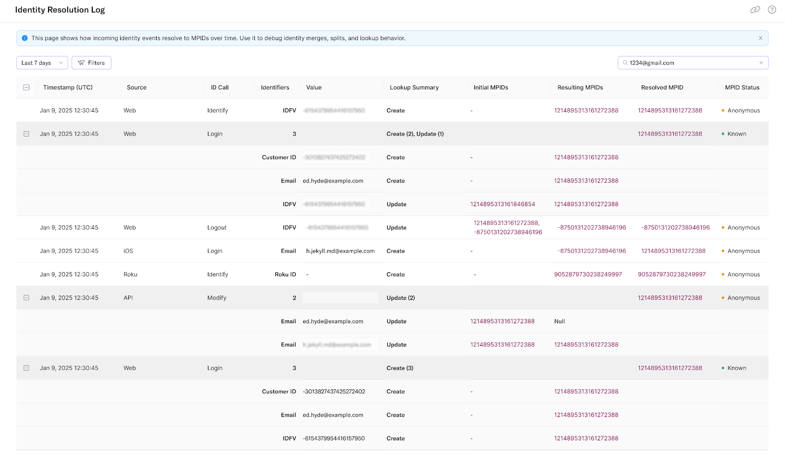 screenshot of identity logs page showing search results