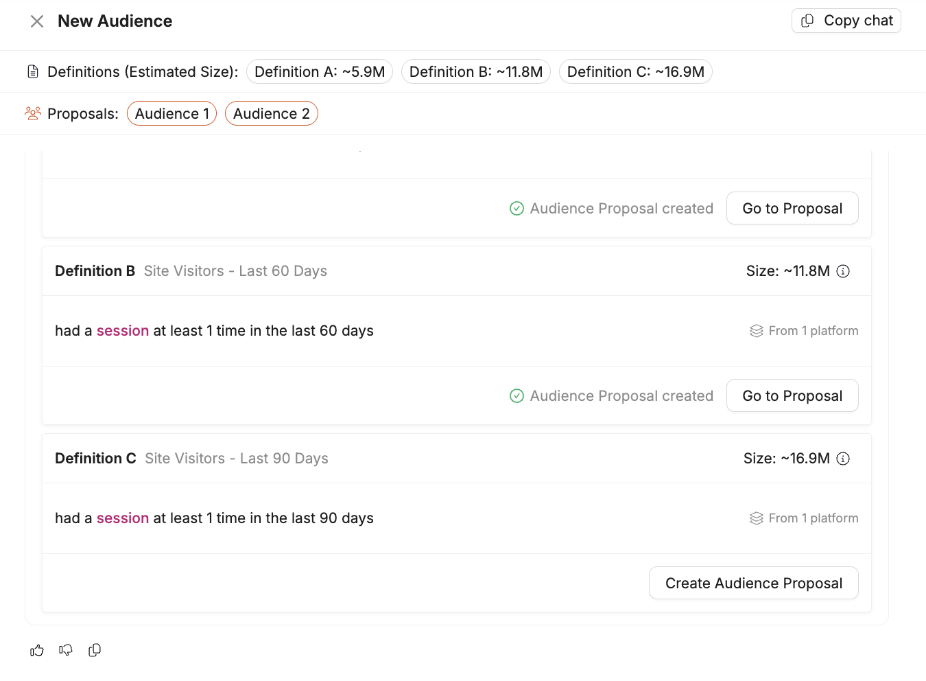 Proposals bar showing multiple audience proposals