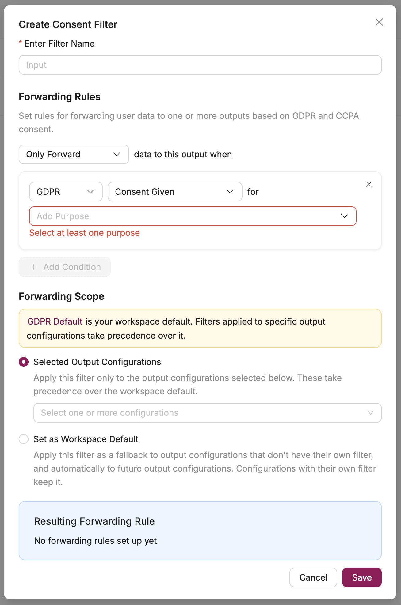 Create Consent Filter dialog showing forwarding rules, forwarding scope, and the resulting rule