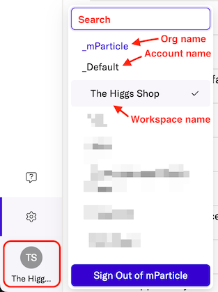 image showing view of the org, account, and workspace by hovering cursor over the workspace icon in the left nav