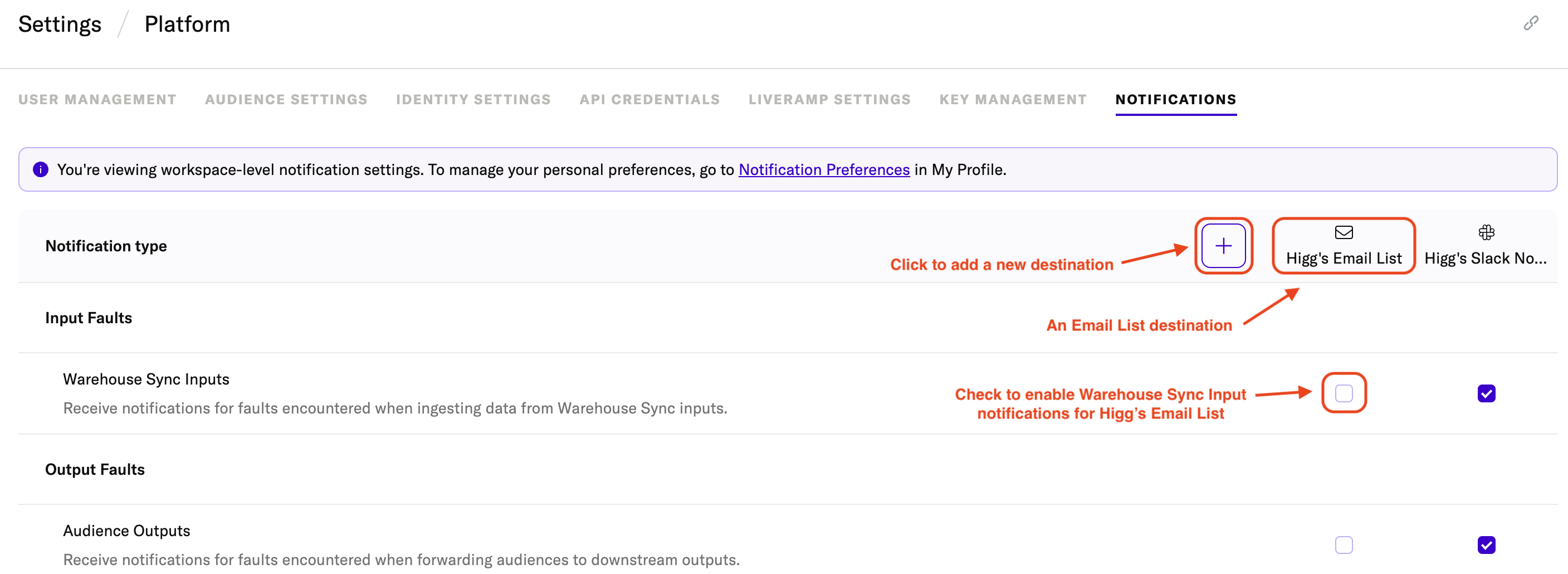 Notifications Platform Settings page