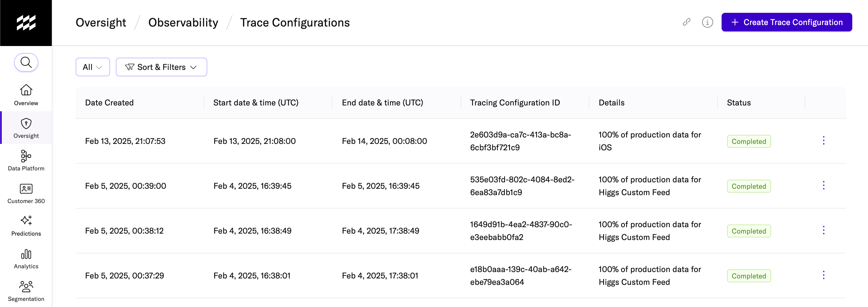 screenshot of the trace configurations page