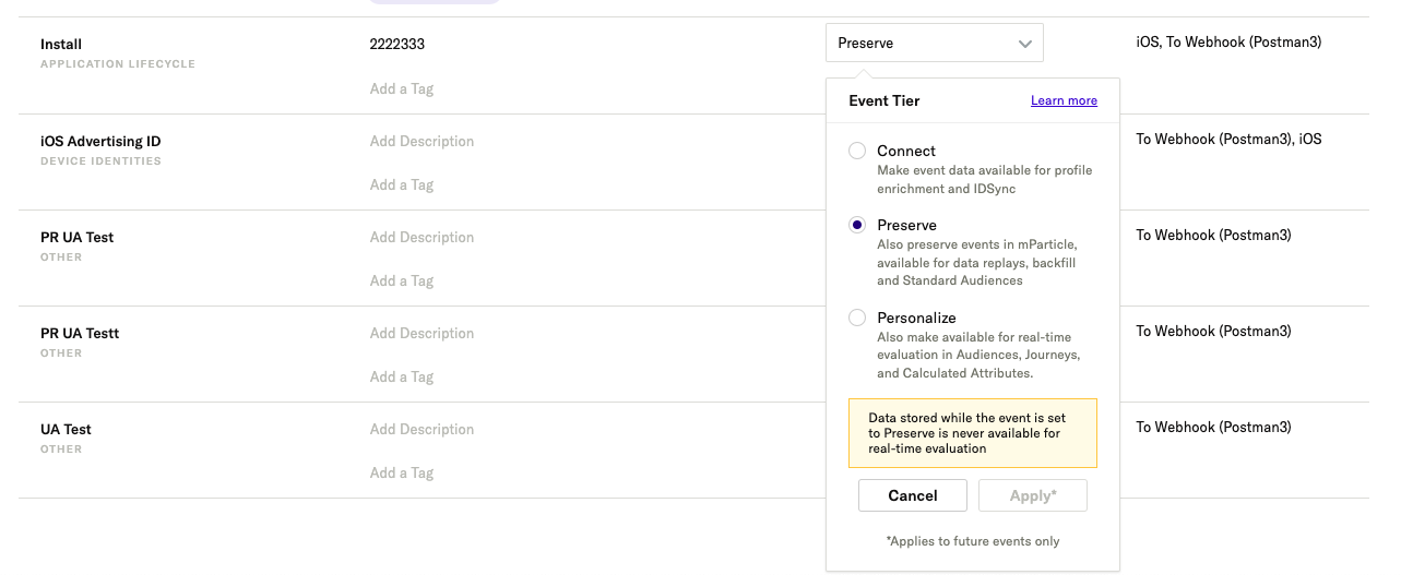 One event showing tiered events dialog