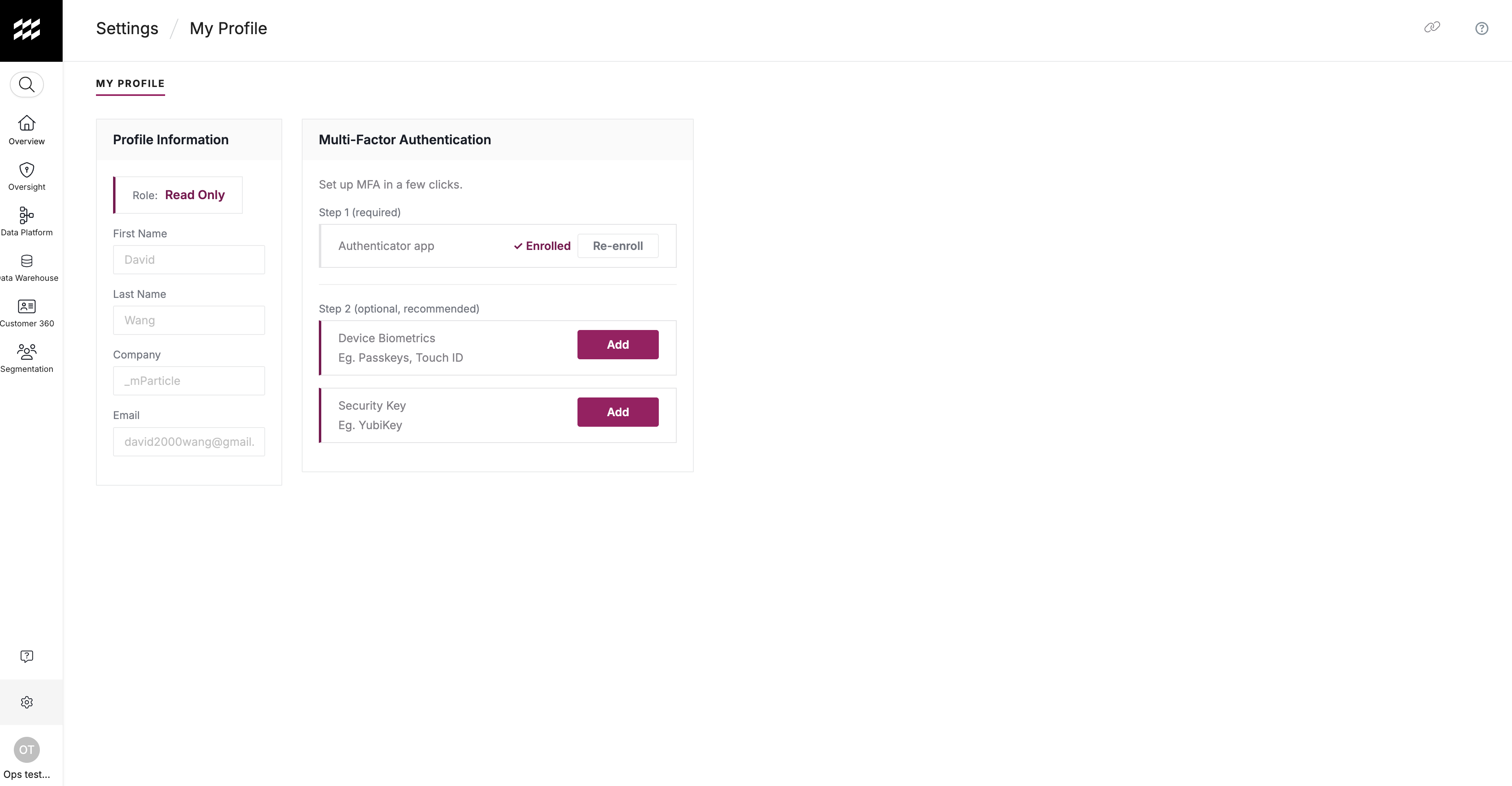 Authenticator app shown as enrolled in My Profile