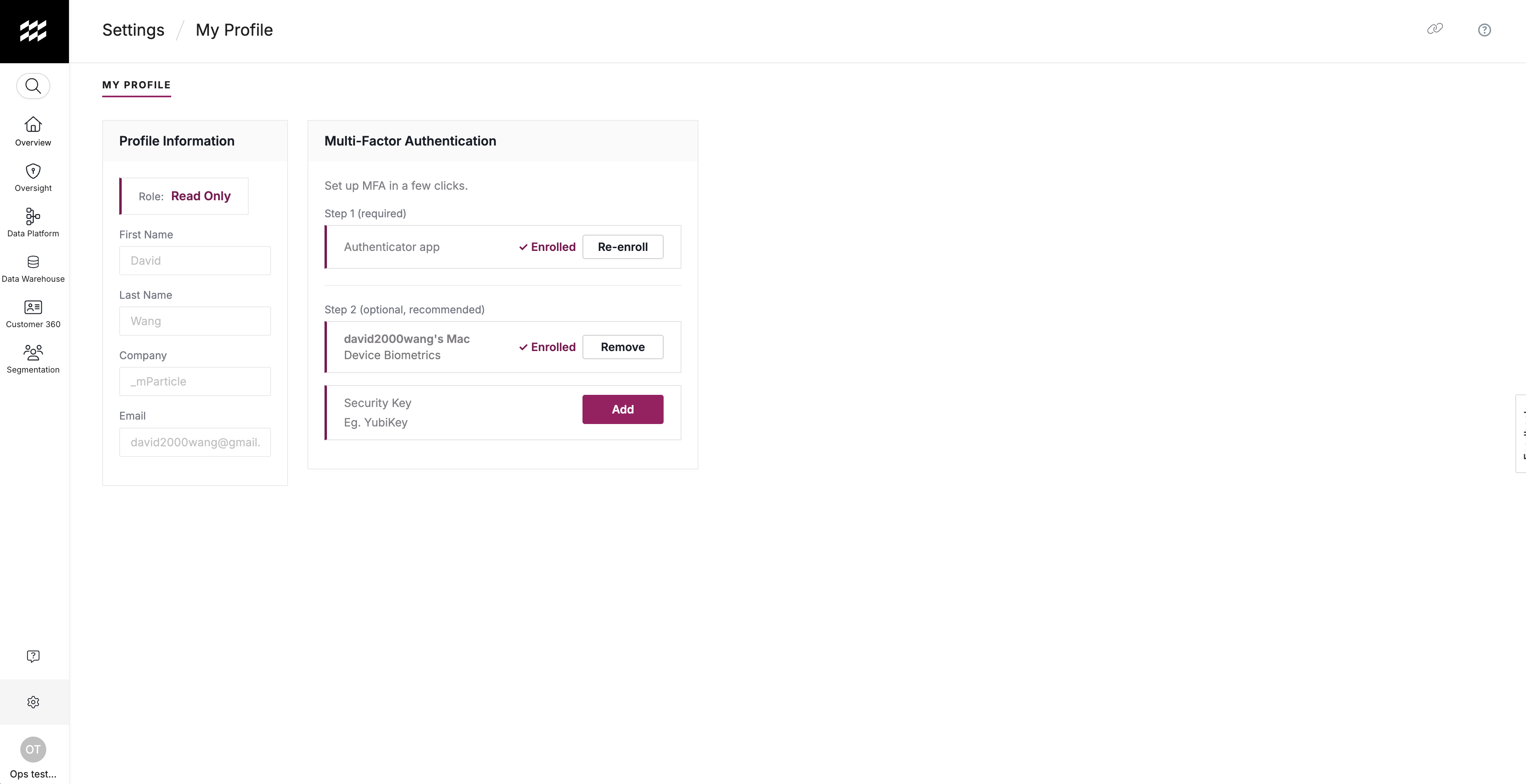 Device Biometrics shown as enrolled in My Profile