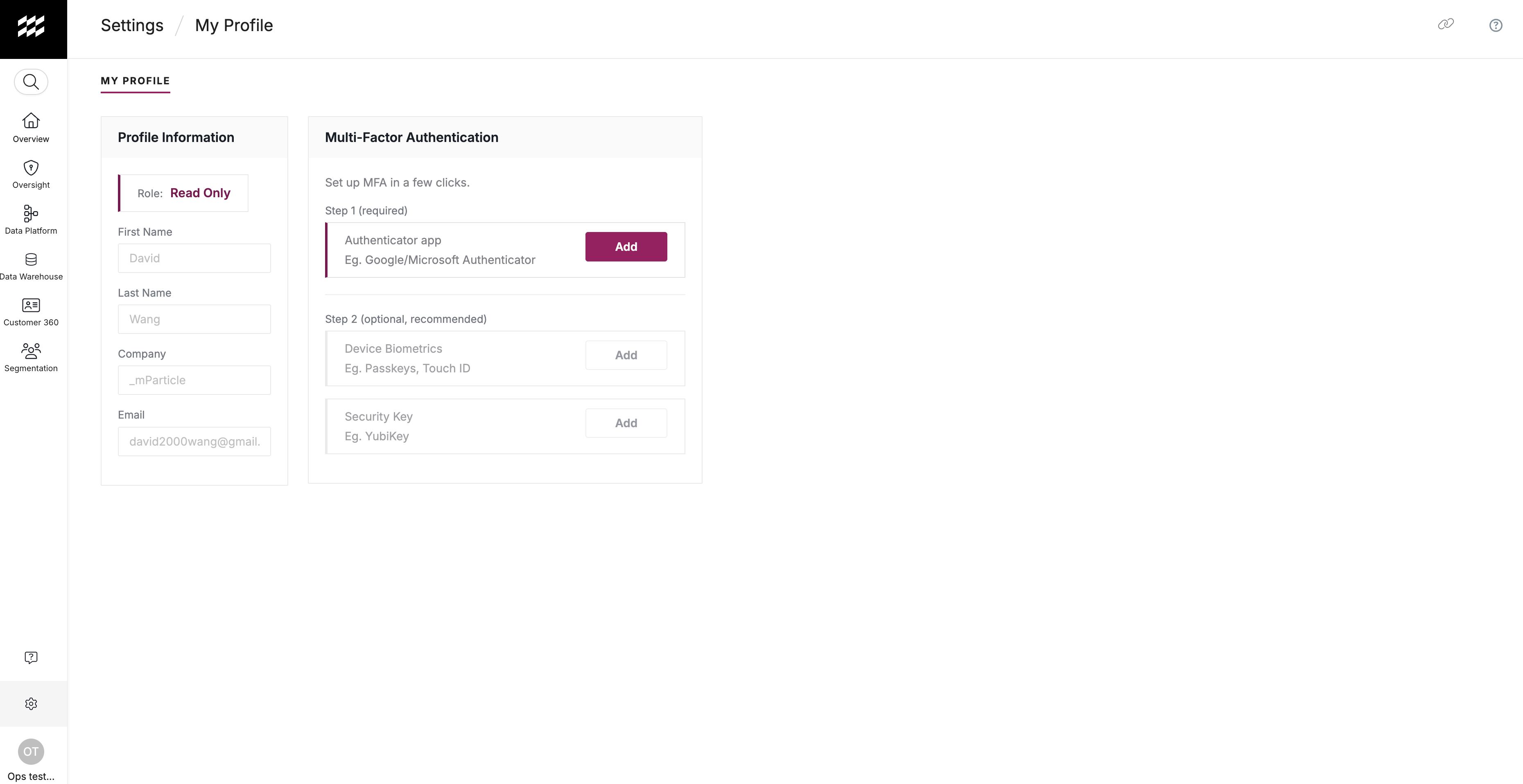 My Profile with the Multi-Factor Authentication section