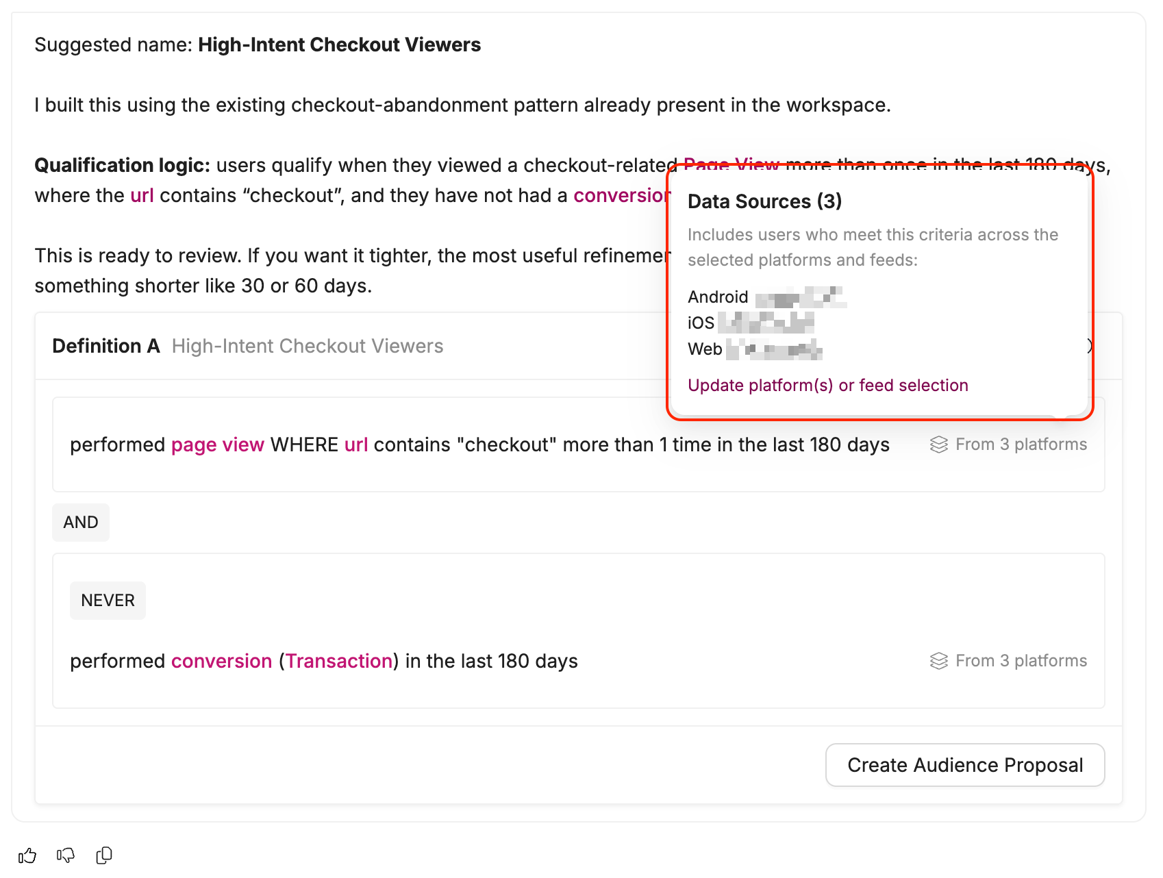 Audience definition card with data sources popover