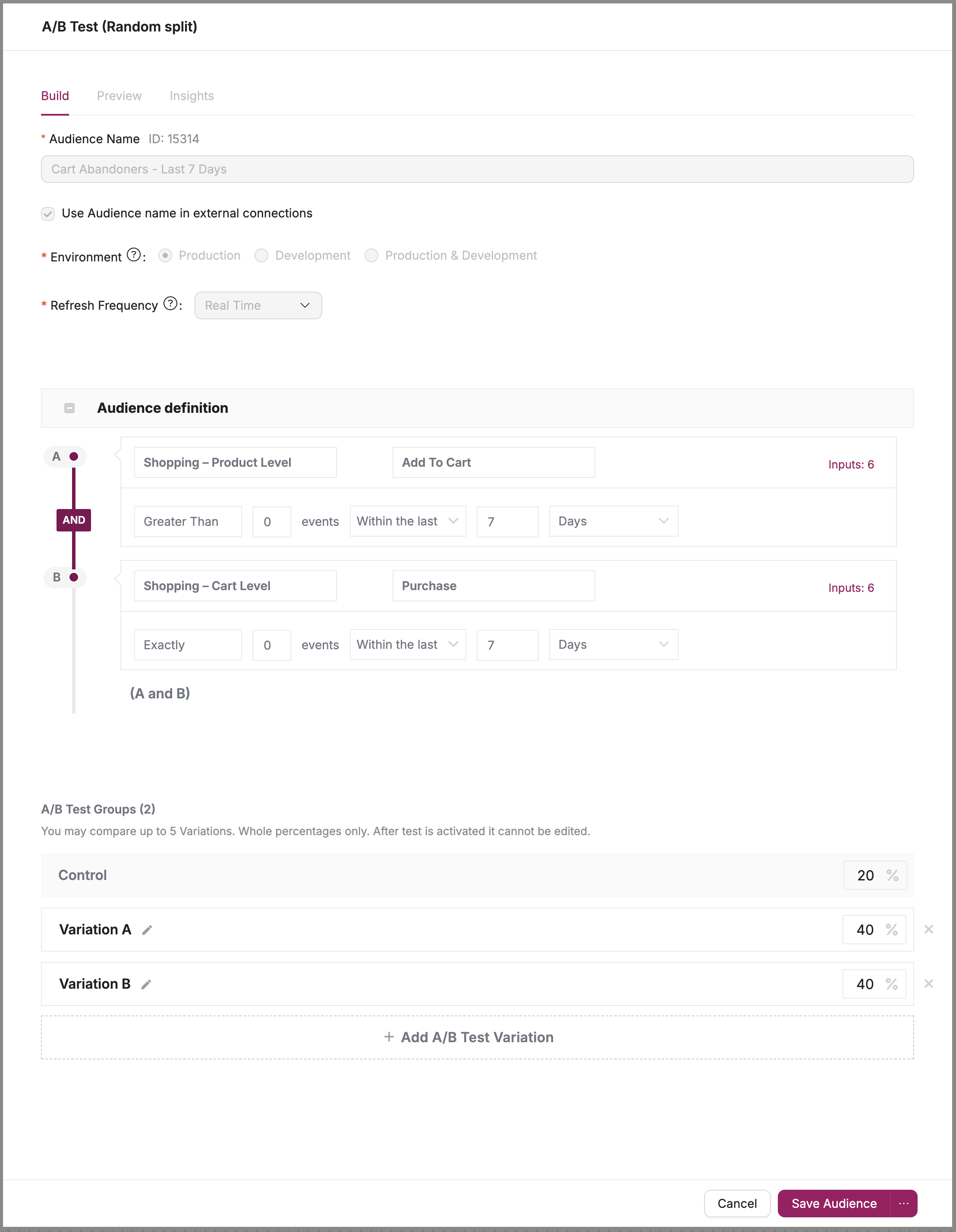 Configure A/B test variations and percentage allocations