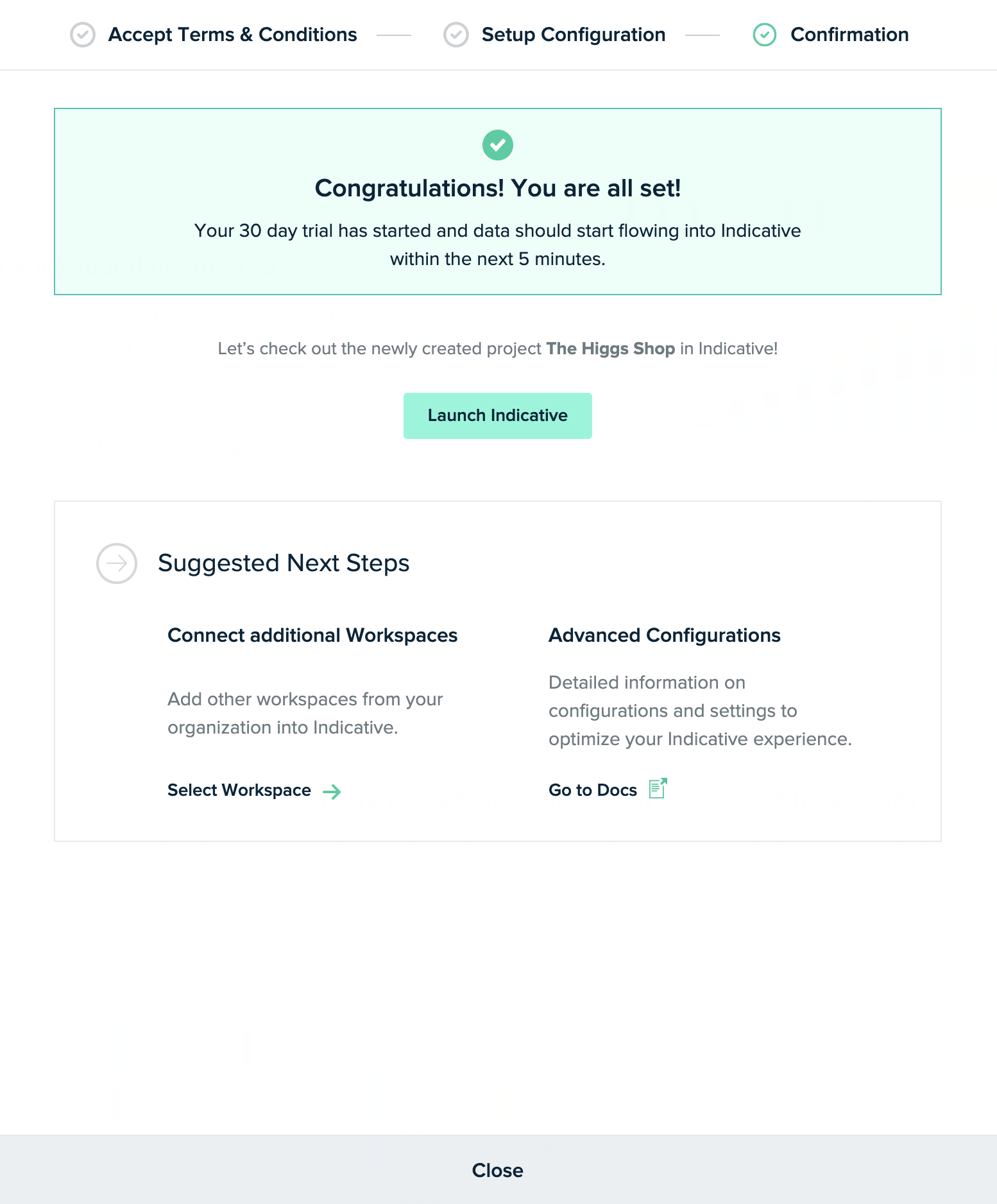 Success page for Indicative free trial screenshot