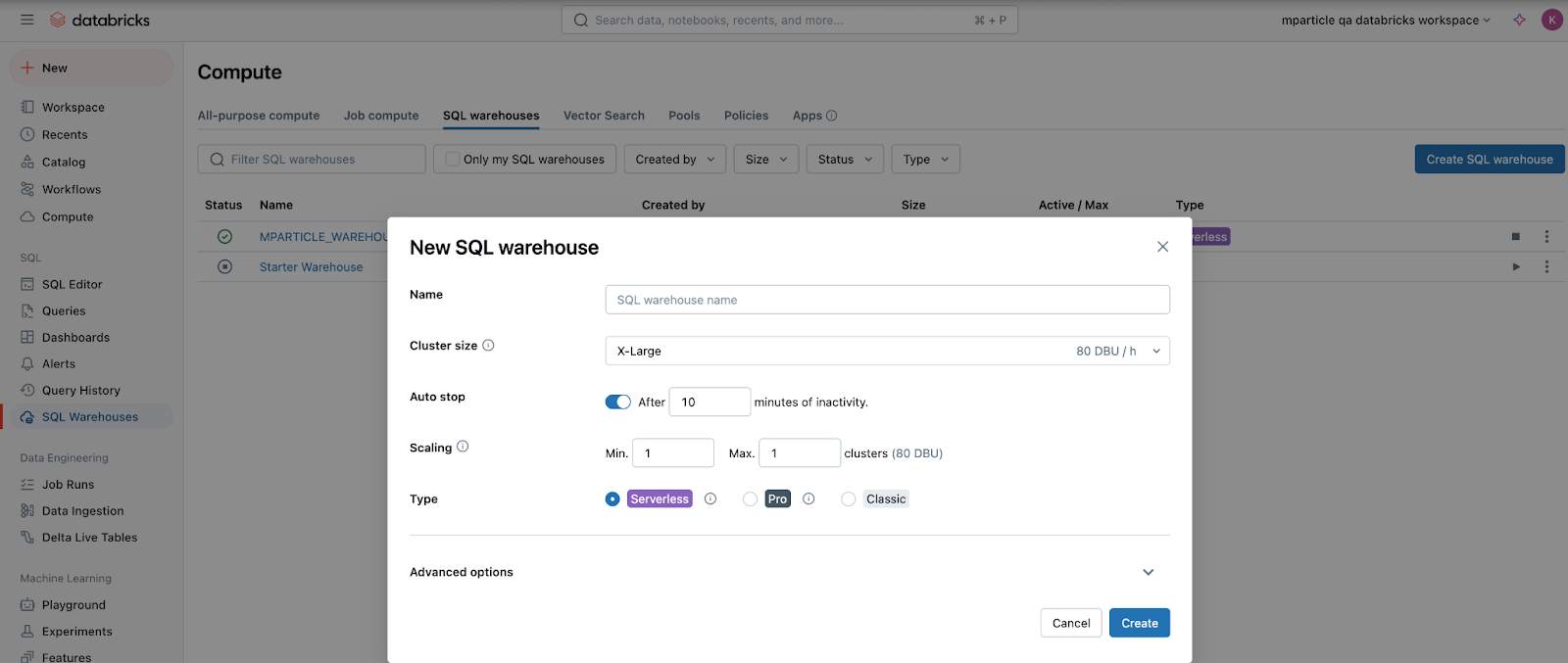 screenshot showing the Databricks UI when creating a new SQL Warehouse