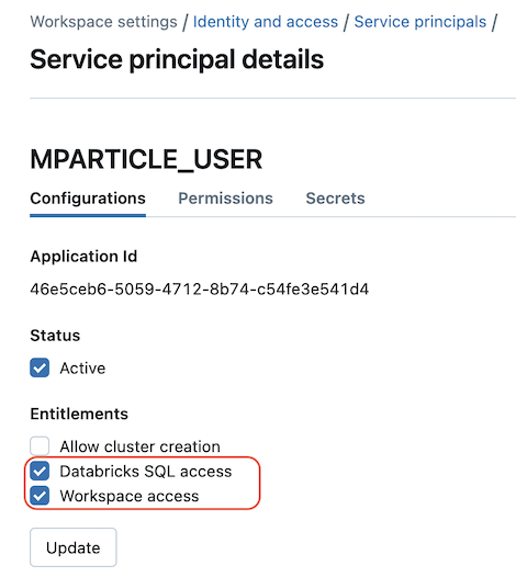 screenshot showing entitlement settings for a service principal in the Databricks UI