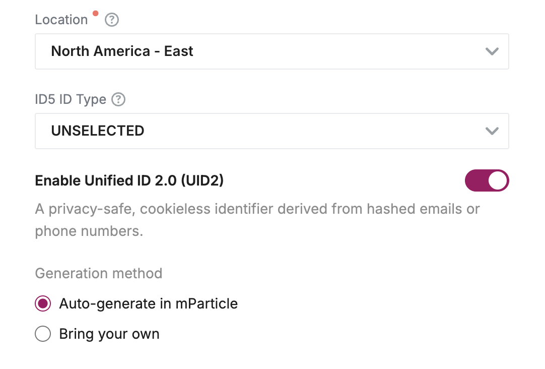The Trade Desk UID2 configuration settings showing the Enable Unified ID 2.0 toggle enabled with Auto-generate in mParticle selected
